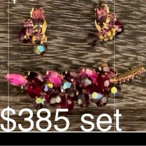 True Vintage Set Raspberry Margarita Aurora Beads Stem Brooch+Earrings Sparkle!